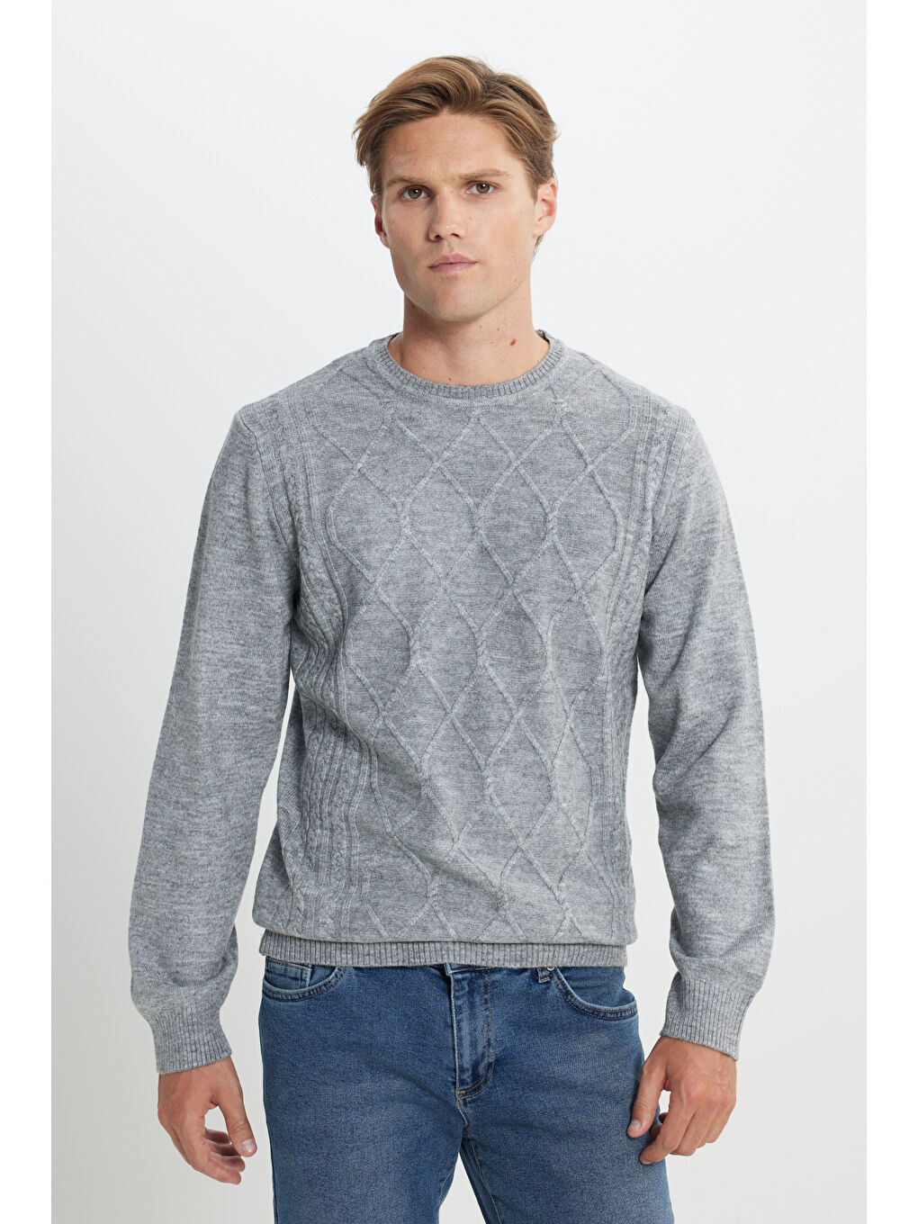 Erkek Gri Melanj Standart Fit Normal Kesim Bisiklet Yaka Saç Örgülü Triko Kazak