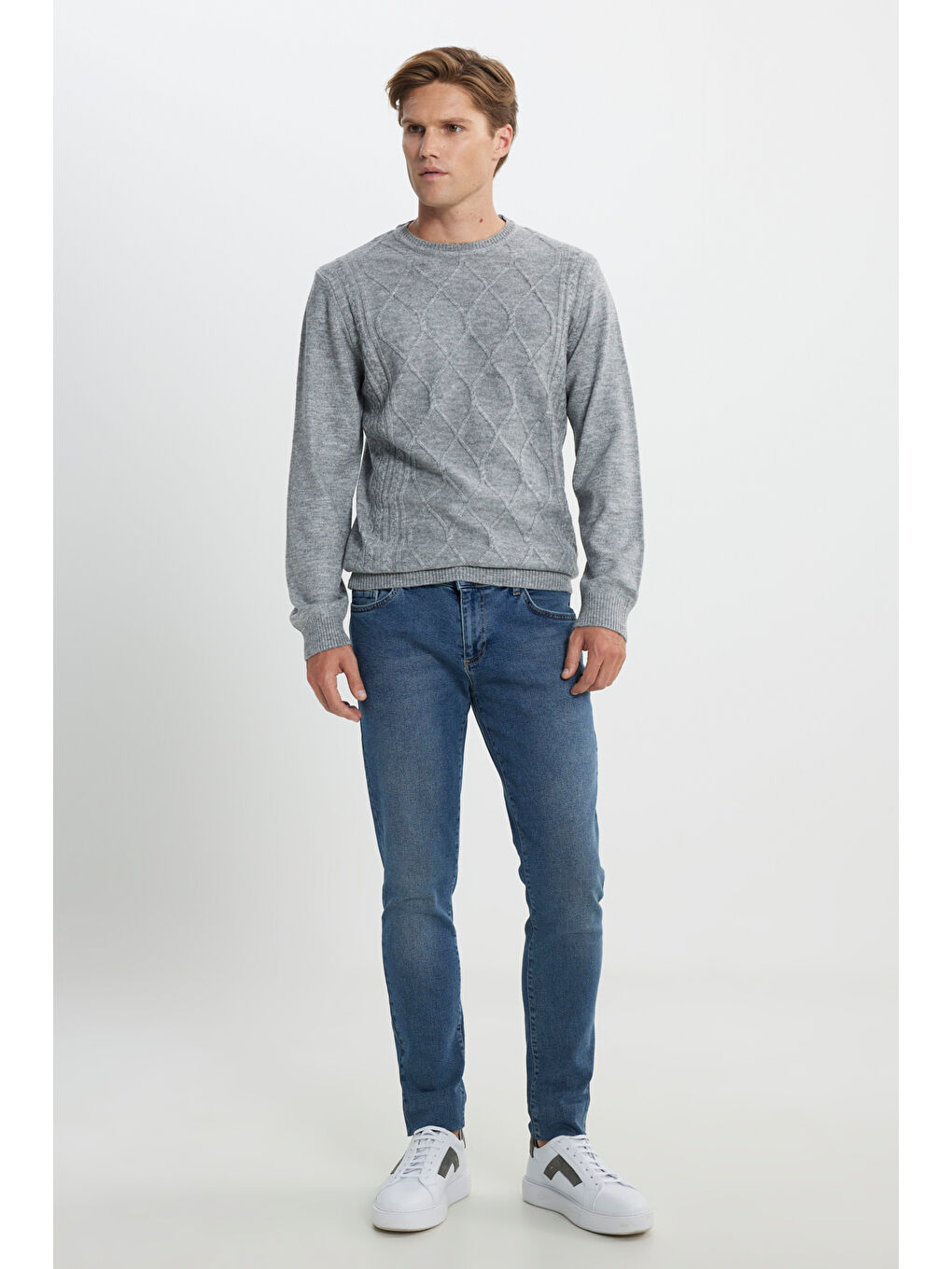 Erkek Gri Melanj Standart Fit Normal Kesim Bisiklet Yaka Saç Örgülü Triko Kazak-1