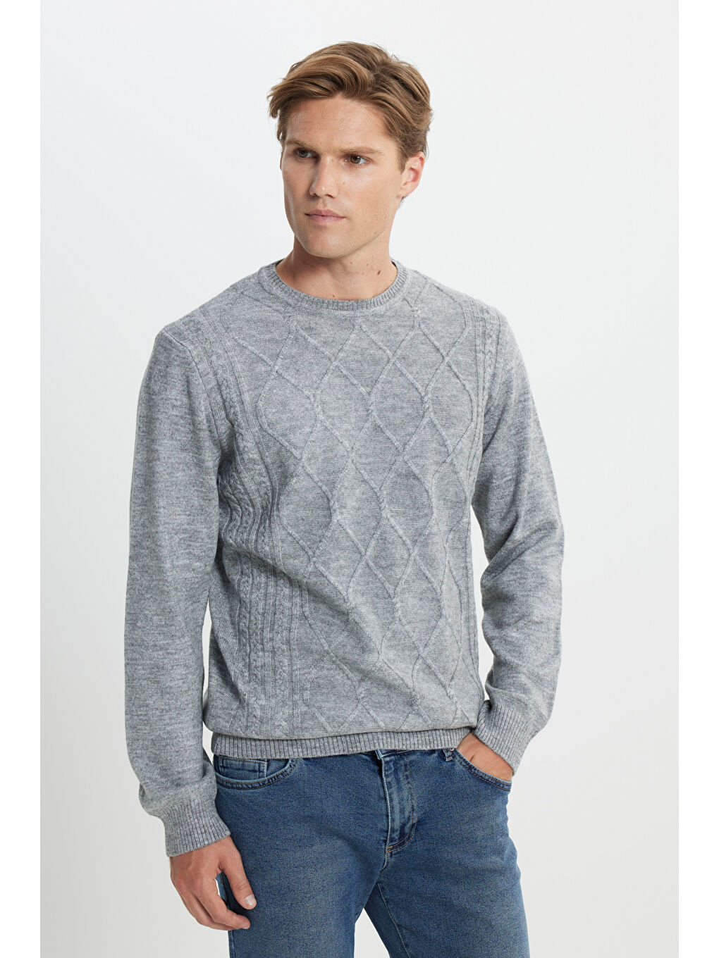 Erkek Gri Melanj Standart Fit Normal Kesim Bisiklet Yaka Saç Örgülü Triko Kazak-2