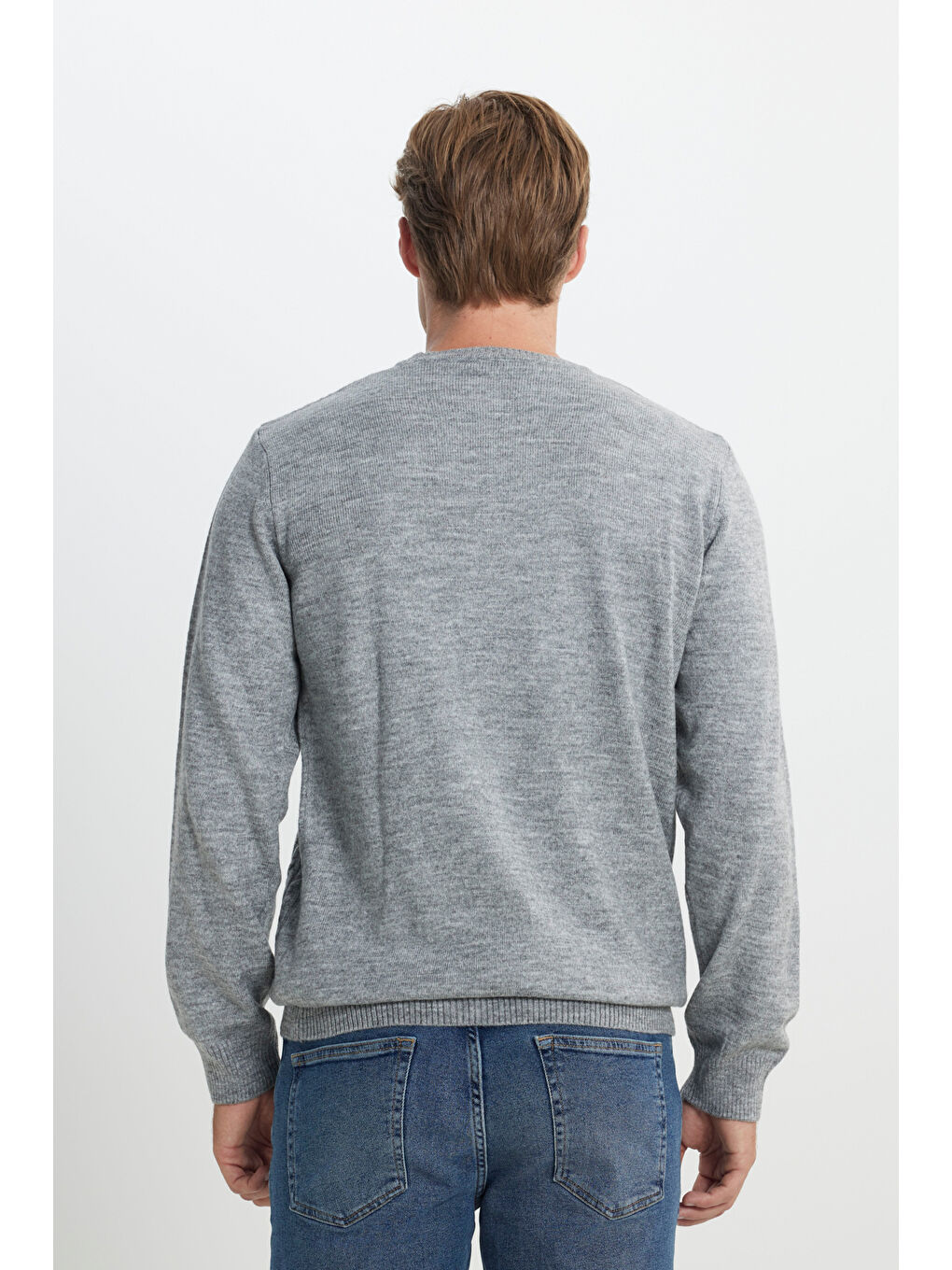 Erkek Gri Melanj Standart Fit Normal Kesim Bisiklet Yaka Saç Örgülü Triko Kazak-4