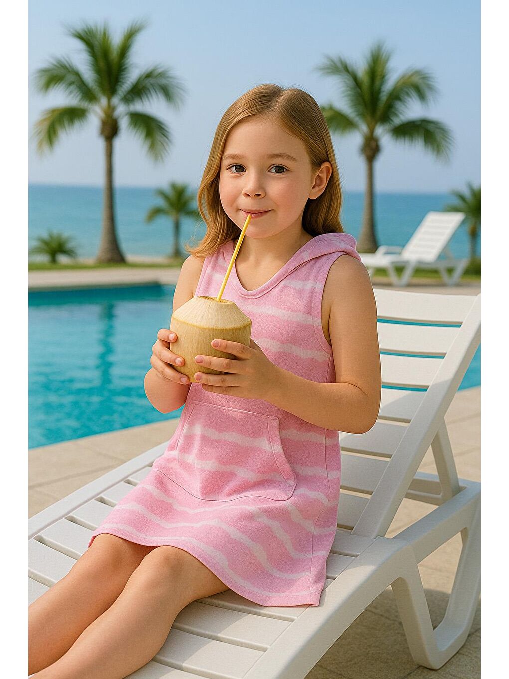 Kız Çocuk Pembe Batikli Havlu Elbise (3-4 Yaş 8-9 Yaş)