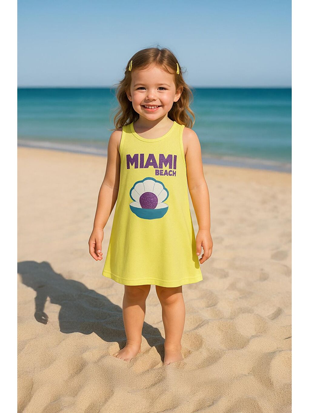 Kız Çocuk %100 Pamuklu Baskılı Elbise - Sarı (3-4 Yaş - 8-9 Yaş)