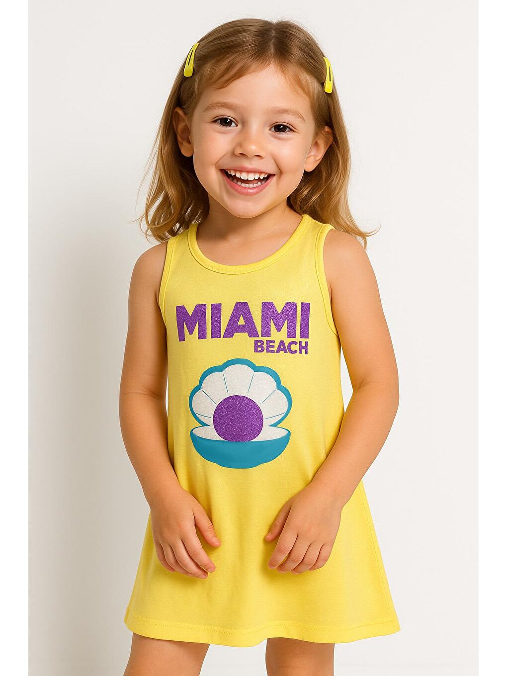 Kız Çocuk %100 Pamuklu Baskılı Elbise - Sarı (3-4 Yaş - 8-9 Yaş)-1