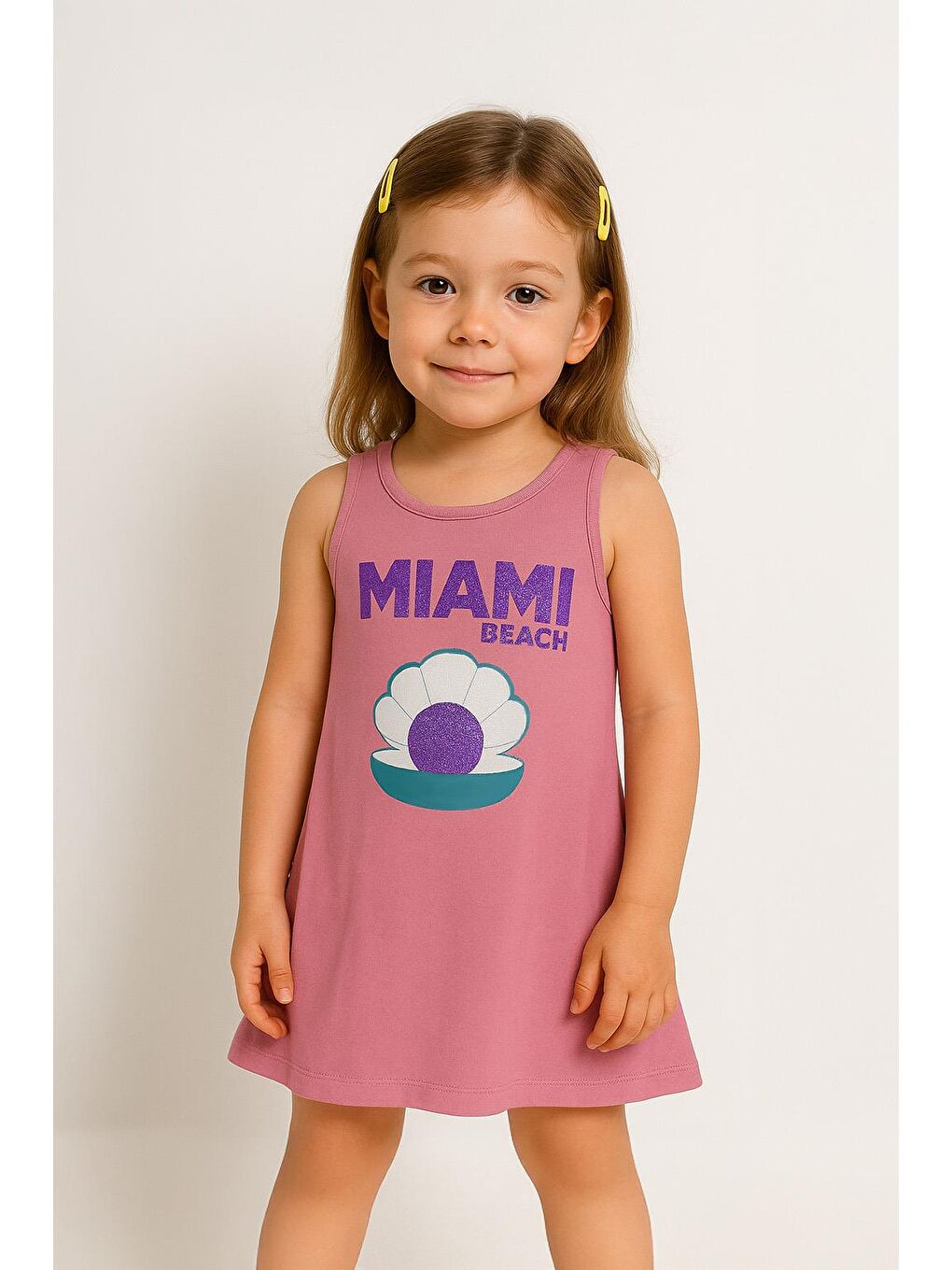 Kız Çocuk %100 Pamuklu Baskılı  Elbise - Pembe  (3-4 Yaş - 8-9 Yaş)-1