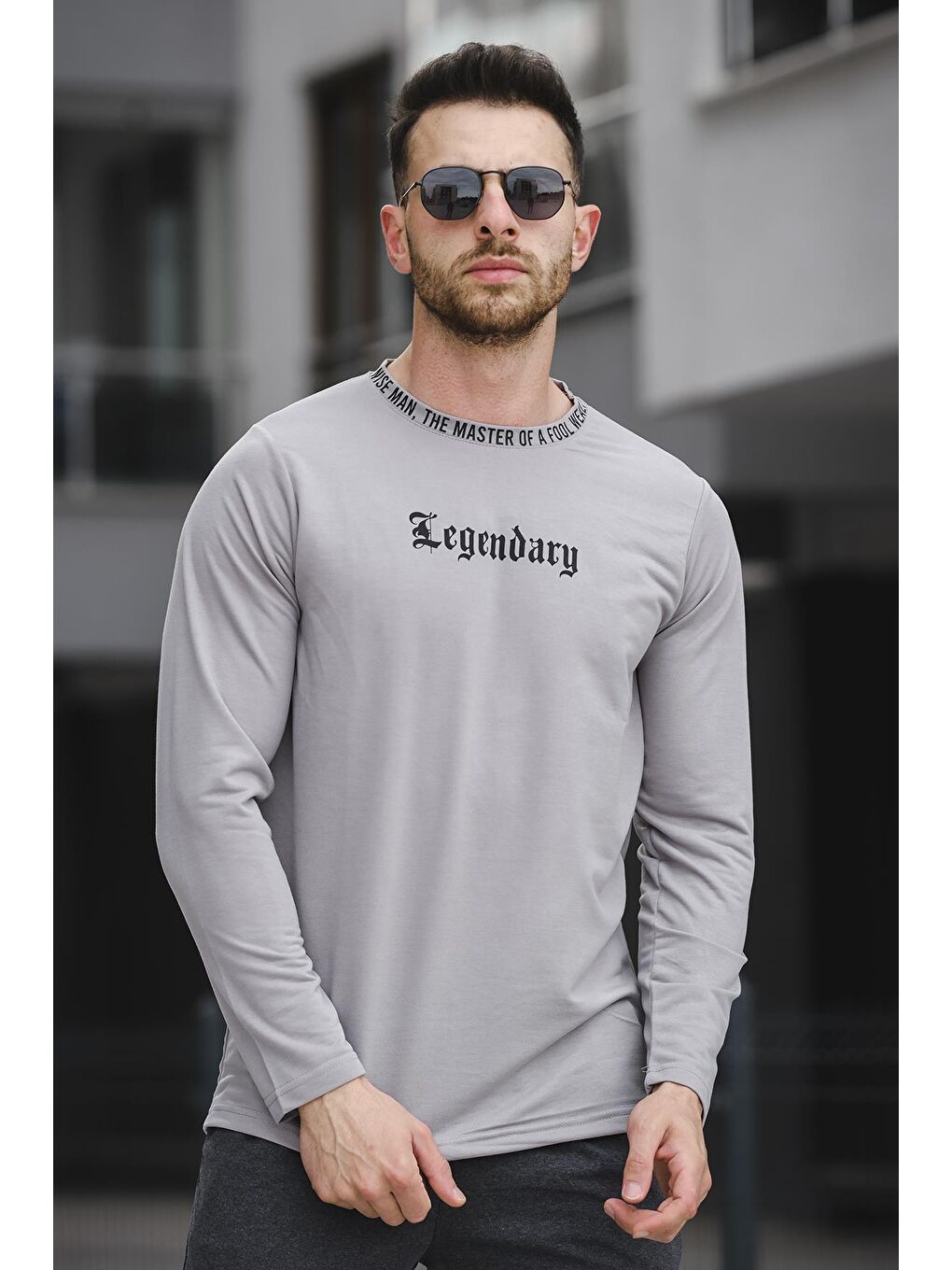 Gri Yakası Baskılı Slim Fit Likralı Sıfır Yaka Erkek Sweatshirt