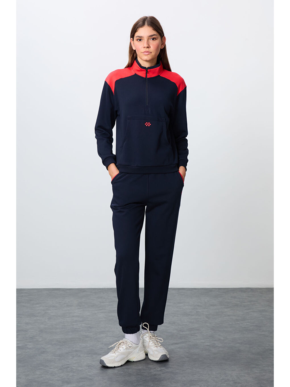 TOMMYLIFE İndigo Kompakt Pamuklu Kalın Pürüzsüz Dokulu Dik Yaka Oversize Fit Kadın Eşofman Takım - 95342