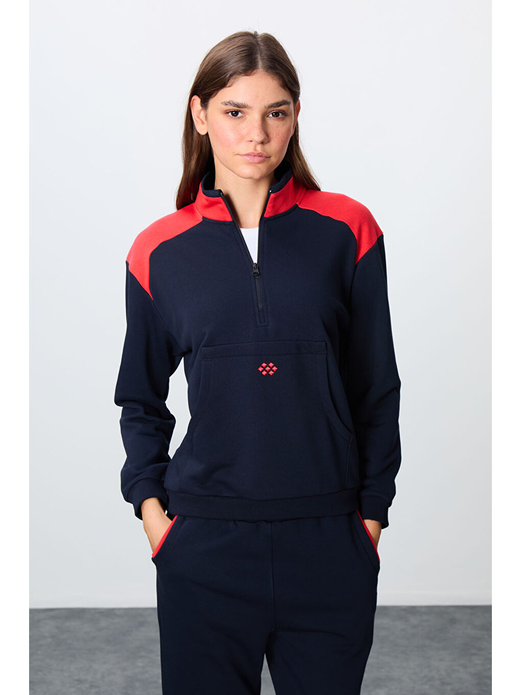 TOMMYLIFE İndigo Kompakt Pamuklu Kalın Pürüzsüz Dokulu Dik Yaka Oversize Fit Kadın Eşofman Takım - 95342-1