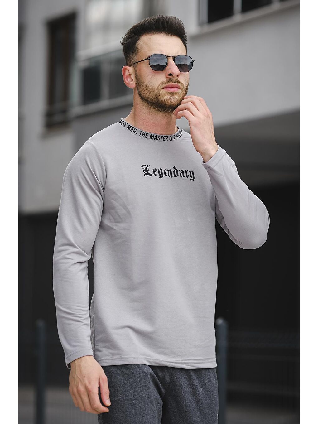 Gri Yakası Baskılı Slim Fit Likralı Sıfır Yaka Erkek Sweatshirt-2