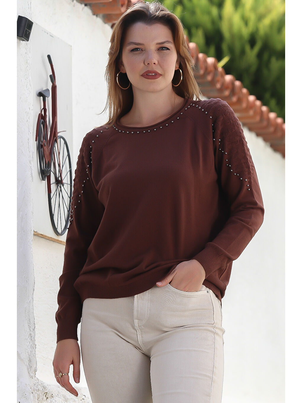 Kahverengi Havuz Yaka Uzun Kol Troklu Casual Ajur Örgü Triko Kazak 65 60-1