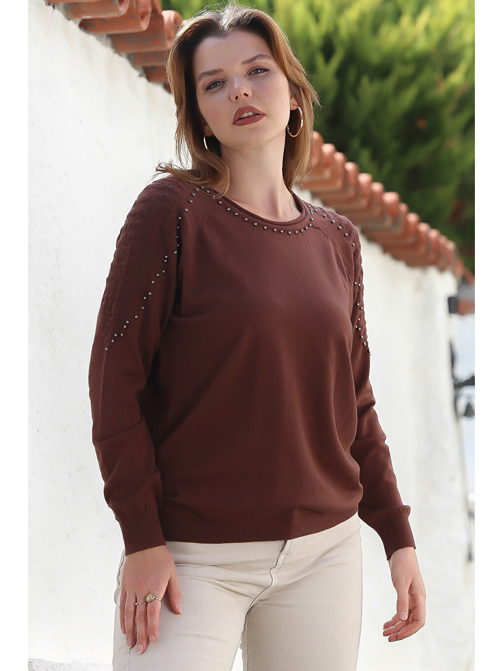 Kahverengi Havuz Yaka Uzun Kol Troklu Casual Ajur Örgü Triko Kazak 65 60-2