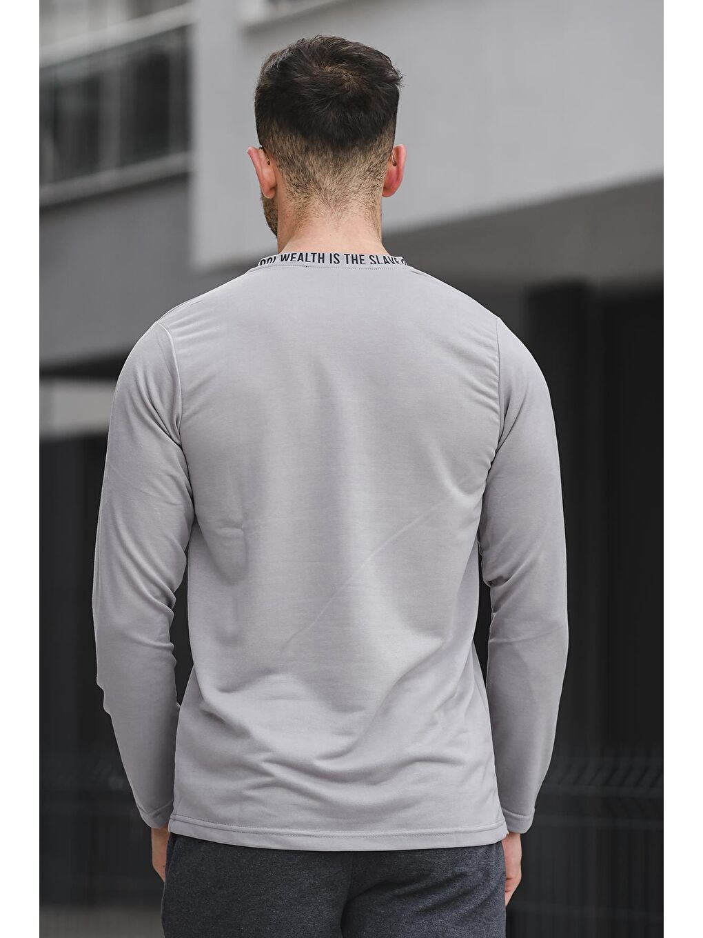 Gri Yakası Baskılı Slim Fit Likralı Sıfır Yaka Erkek Sweatshirt-3