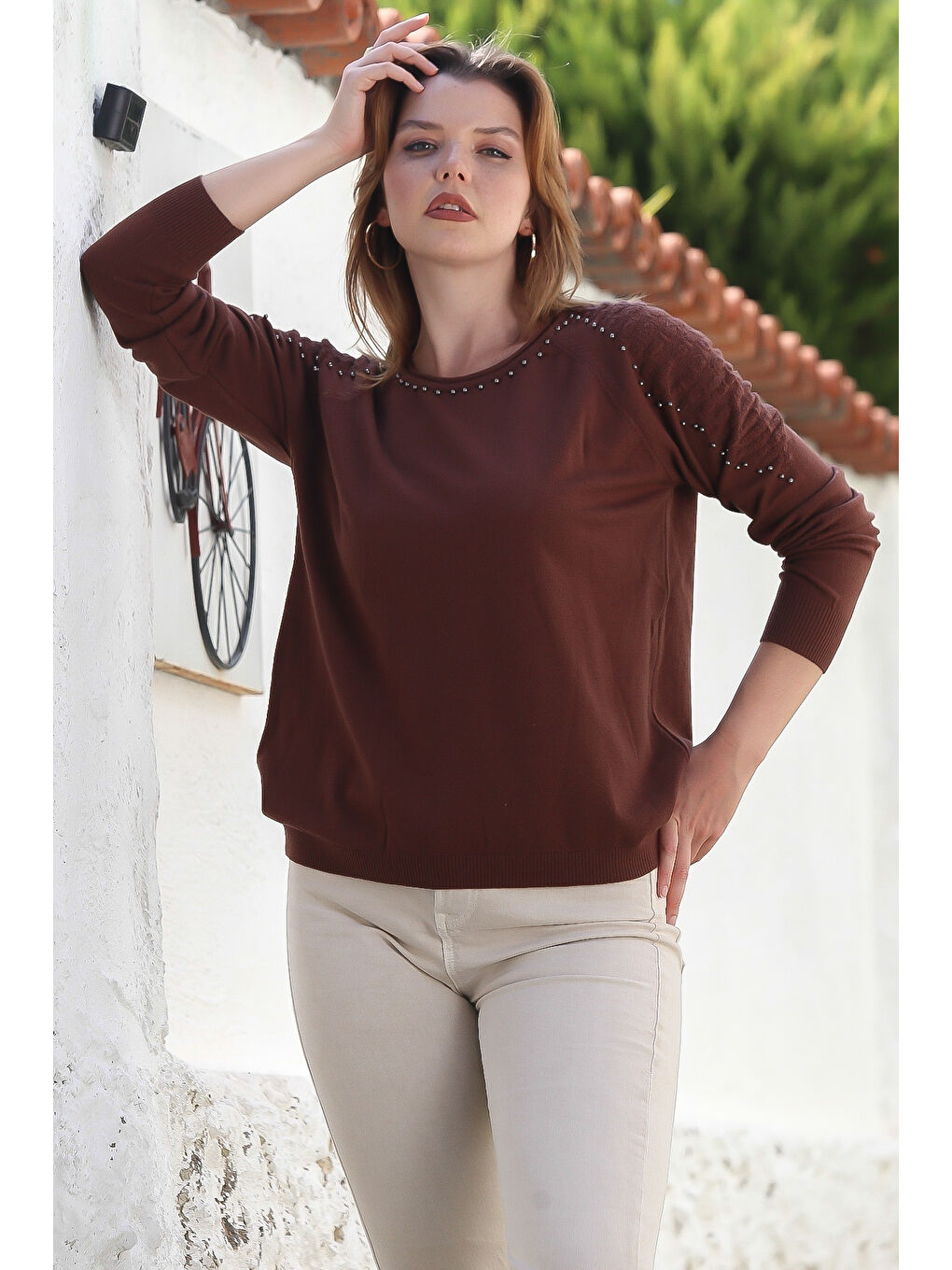 Kahverengi Havuz Yaka Uzun Kol Troklu Casual Ajur Örgü Triko Kazak 65 60-3