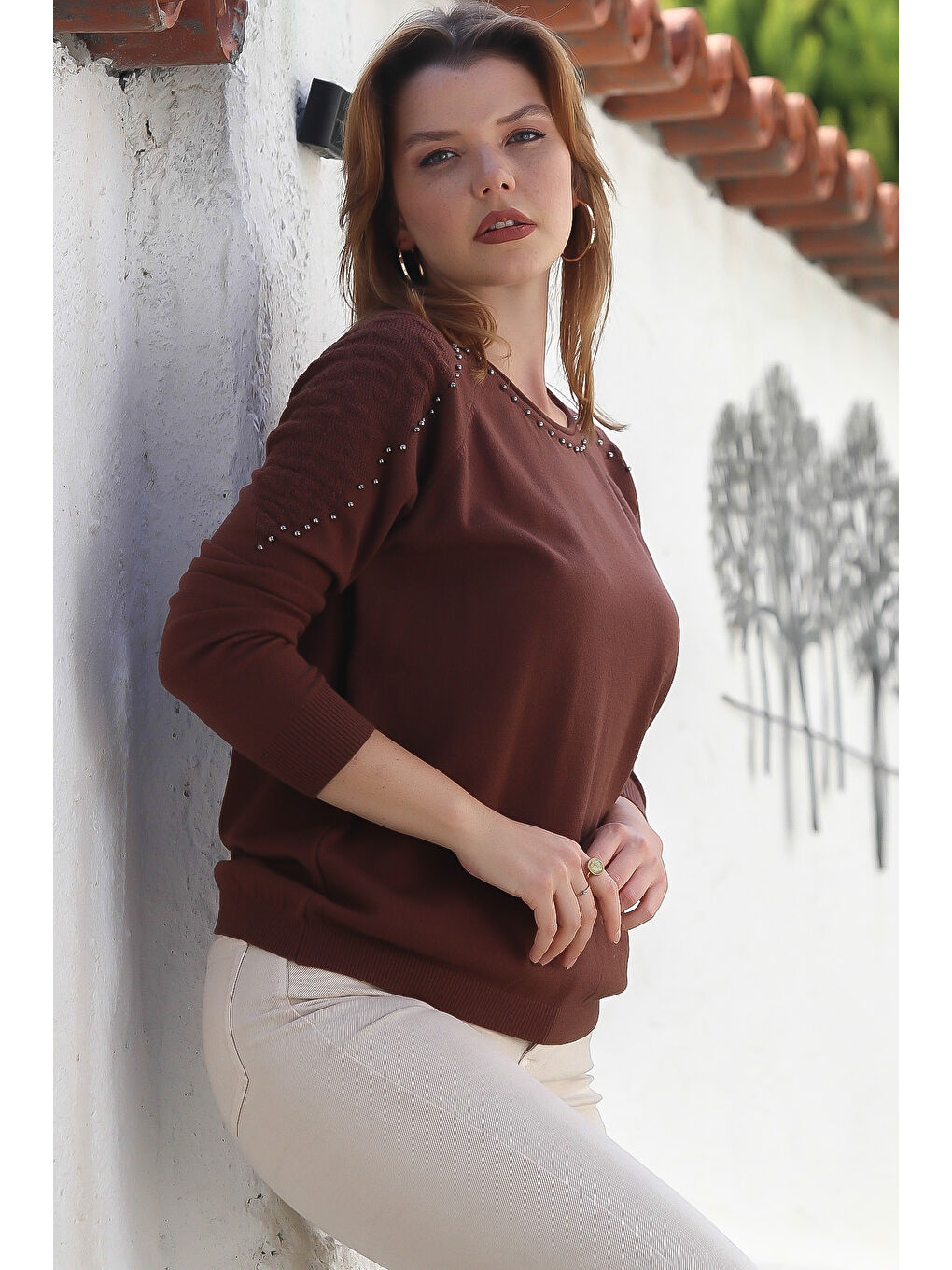 Kahverengi Havuz Yaka Uzun Kol Troklu Casual Ajur Örgü Triko Kazak 65 60-4