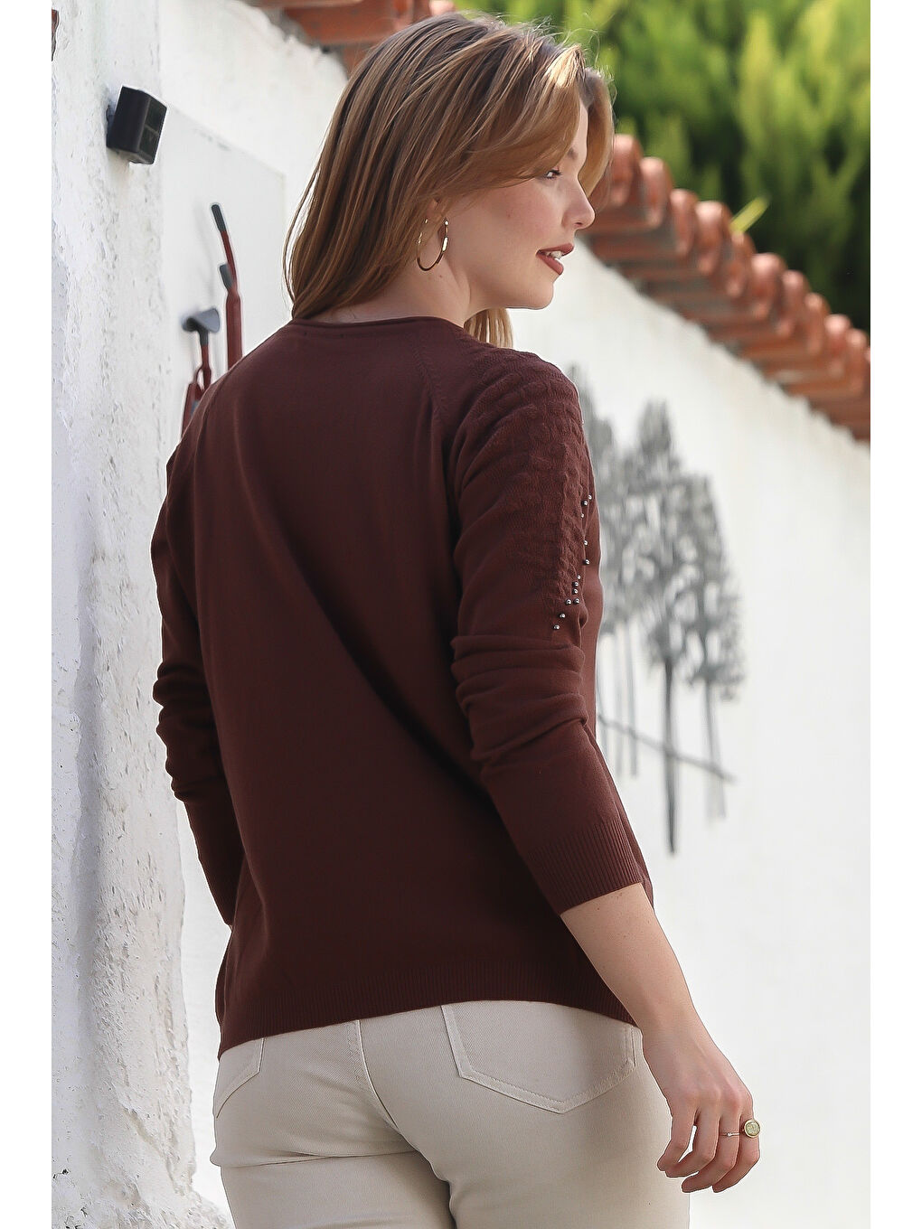 Kahverengi Havuz Yaka Uzun Kol Troklu Casual Ajur Örgü Triko Kazak 65 60-5
