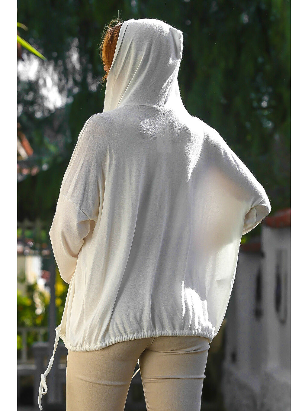 İtalyan Ekru Kapüşonlu Uzun Kol Kapamasız Etek Ucu Bağlamalı Casual Triko Hırka 67 72-2