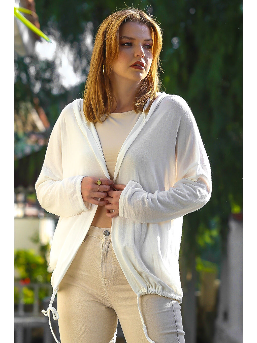 İtalyan Ekru Kapüşonlu Uzun Kol Kapamasız Etek Ucu Bağlamalı Casual Triko Hırka 67 72-5