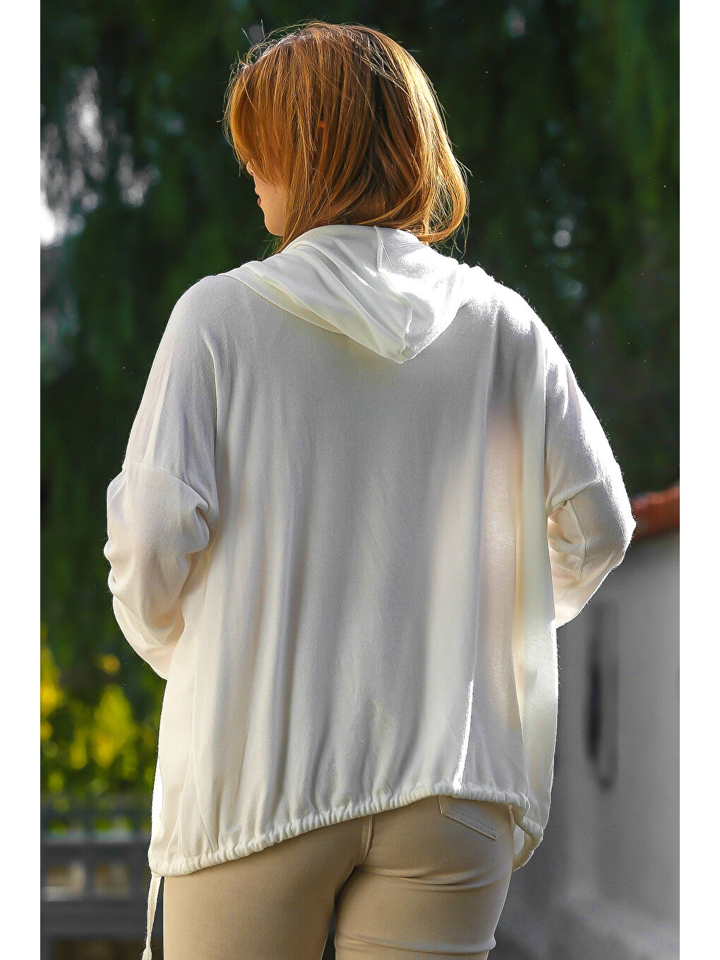 İtalyan Ekru Kapüşonlu Uzun Kol Kapamasız Etek Ucu Bağlamalı Casual Triko Hırka 67 72-6