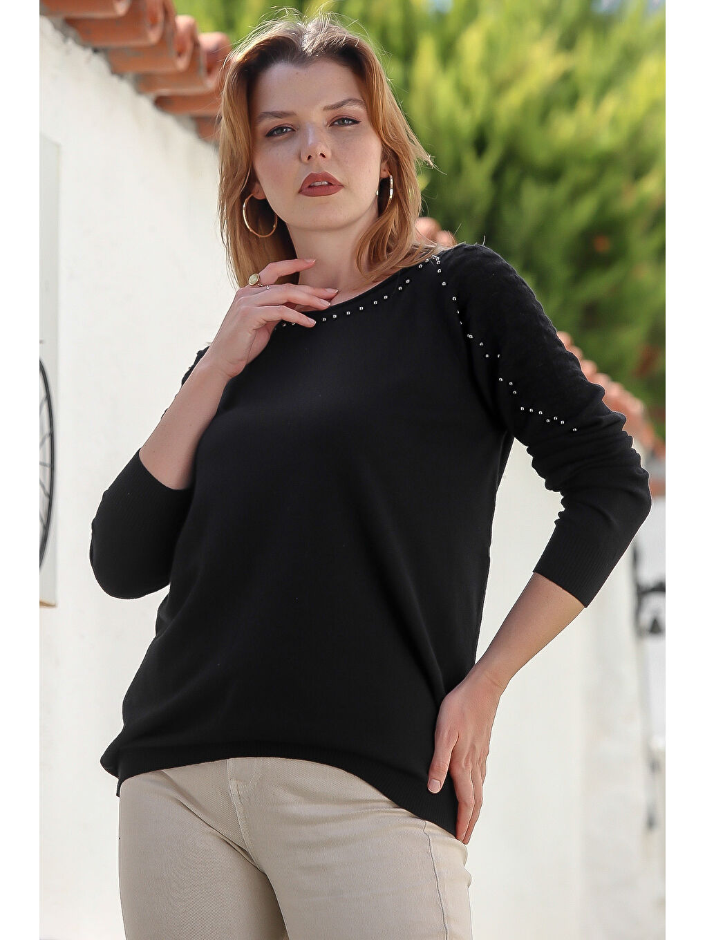 Siyah Havuz Yaka Uzun Kol Troklu Casual Ajur Örgü Triko Kazak 65 60