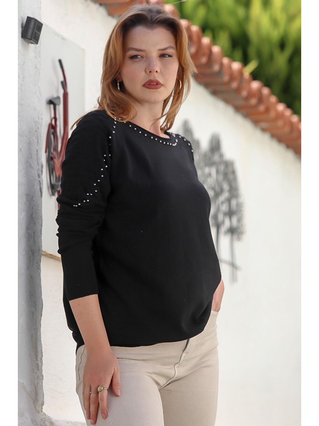 Siyah Havuz Yaka Uzun Kol Troklu Casual Ajur Örgü Triko Kazak 65 60-1