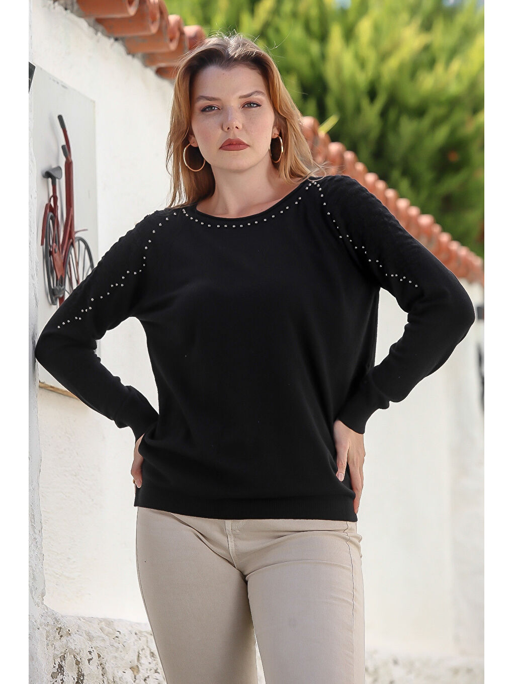 Siyah Havuz Yaka Uzun Kol Troklu Casual Ajur Örgü Triko Kazak 65 60-2