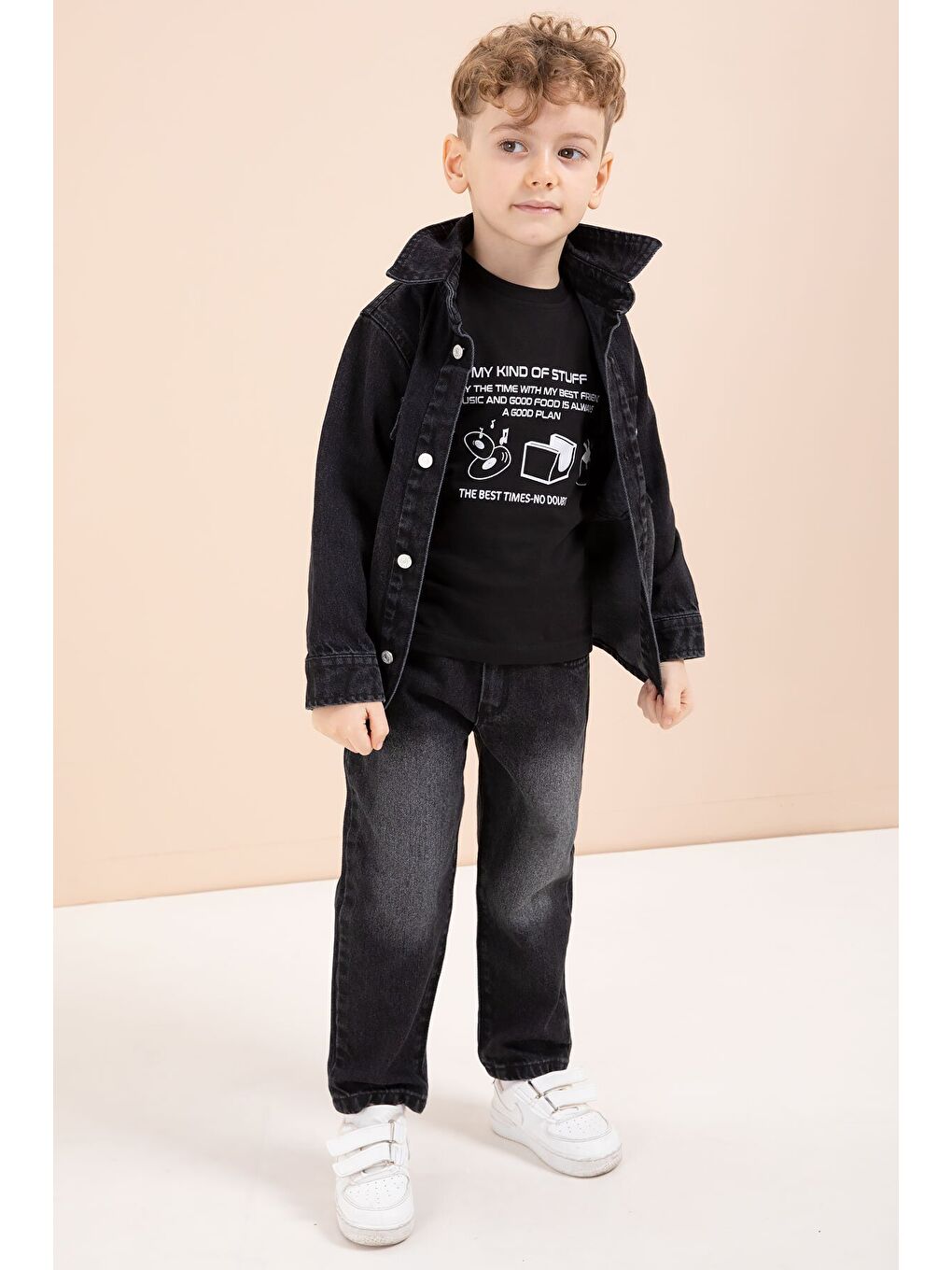 Siyah Düğmeli Jean Ceketli Pantolonlu Erkek Çocuk 3lü Takım 23627-1