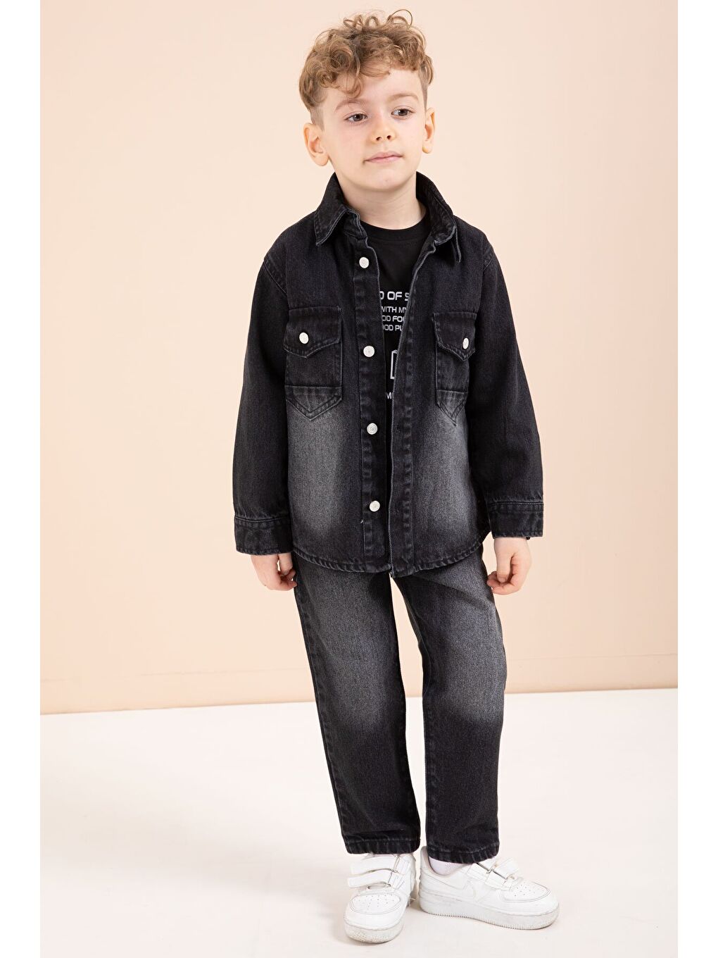 Siyah Düğmeli Jean Ceketli Pantolonlu Erkek Çocuk 3lü Takım 23627-3