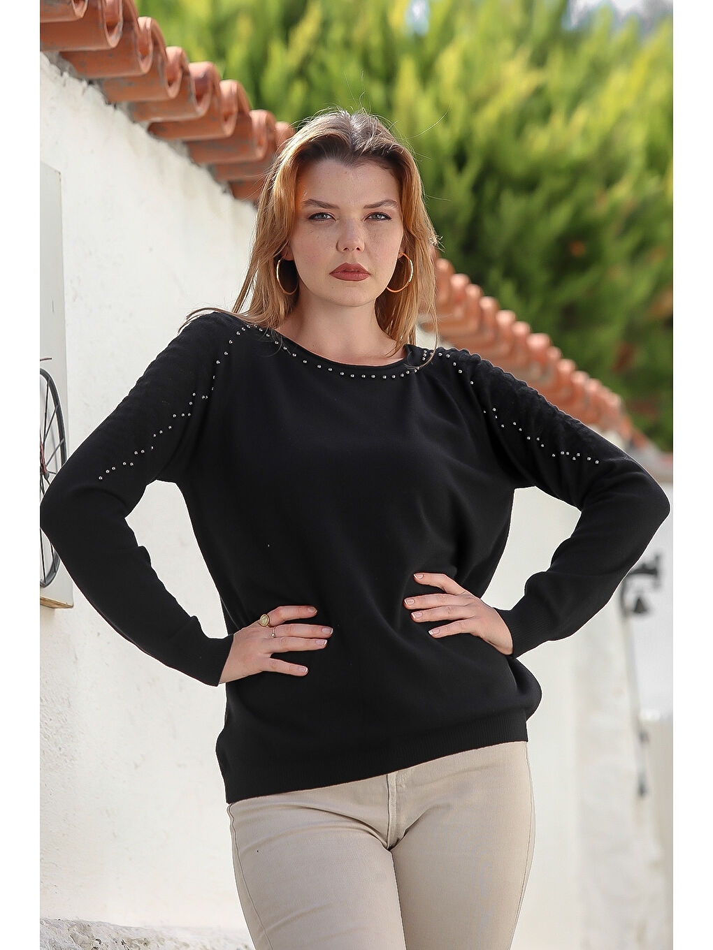 Siyah Havuz Yaka Uzun Kol Troklu Casual Ajur Örgü Triko Kazak 65 60-4