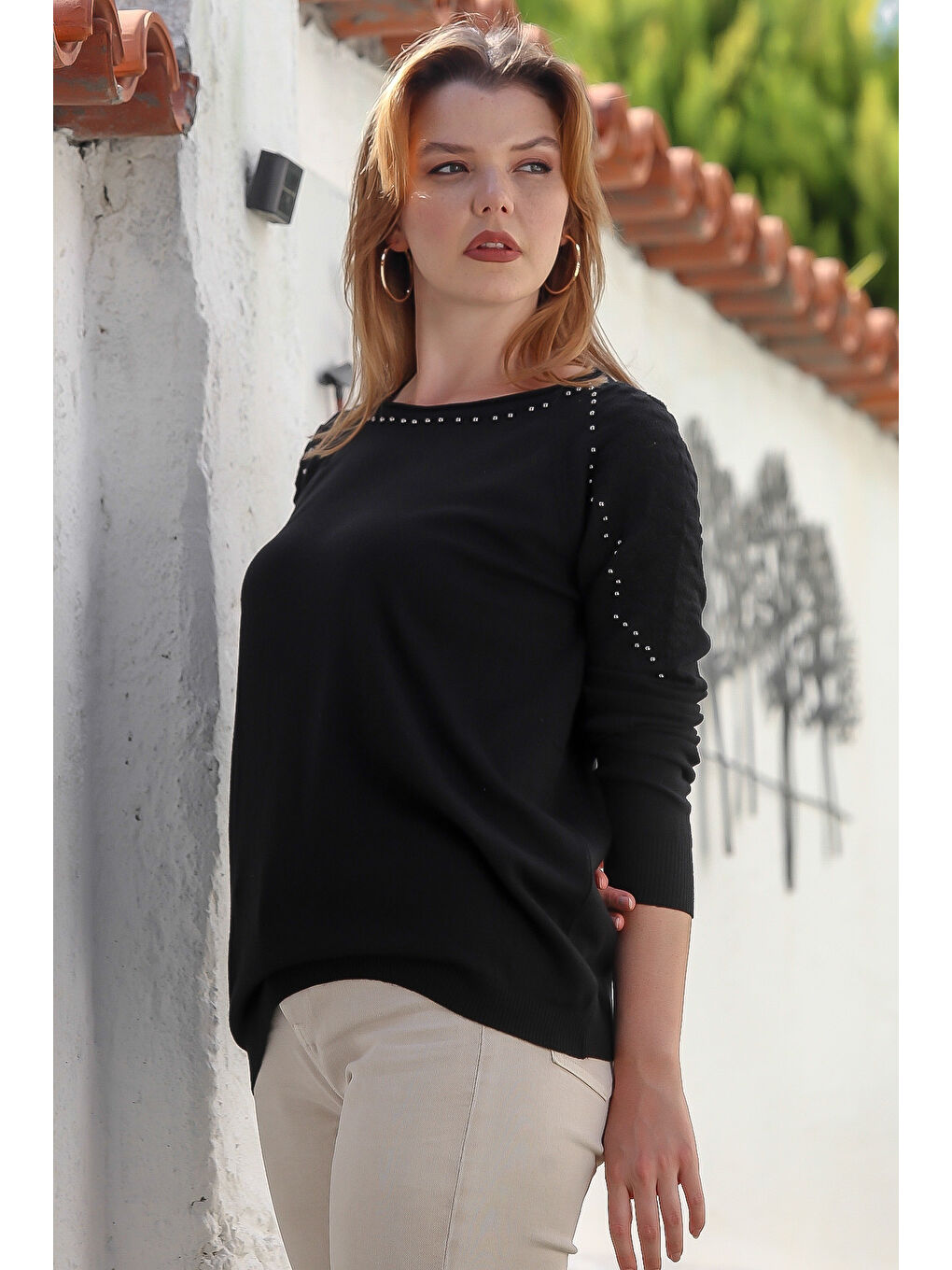 Siyah Havuz Yaka Uzun Kol Troklu Casual Ajur Örgü Triko Kazak 65 60-5