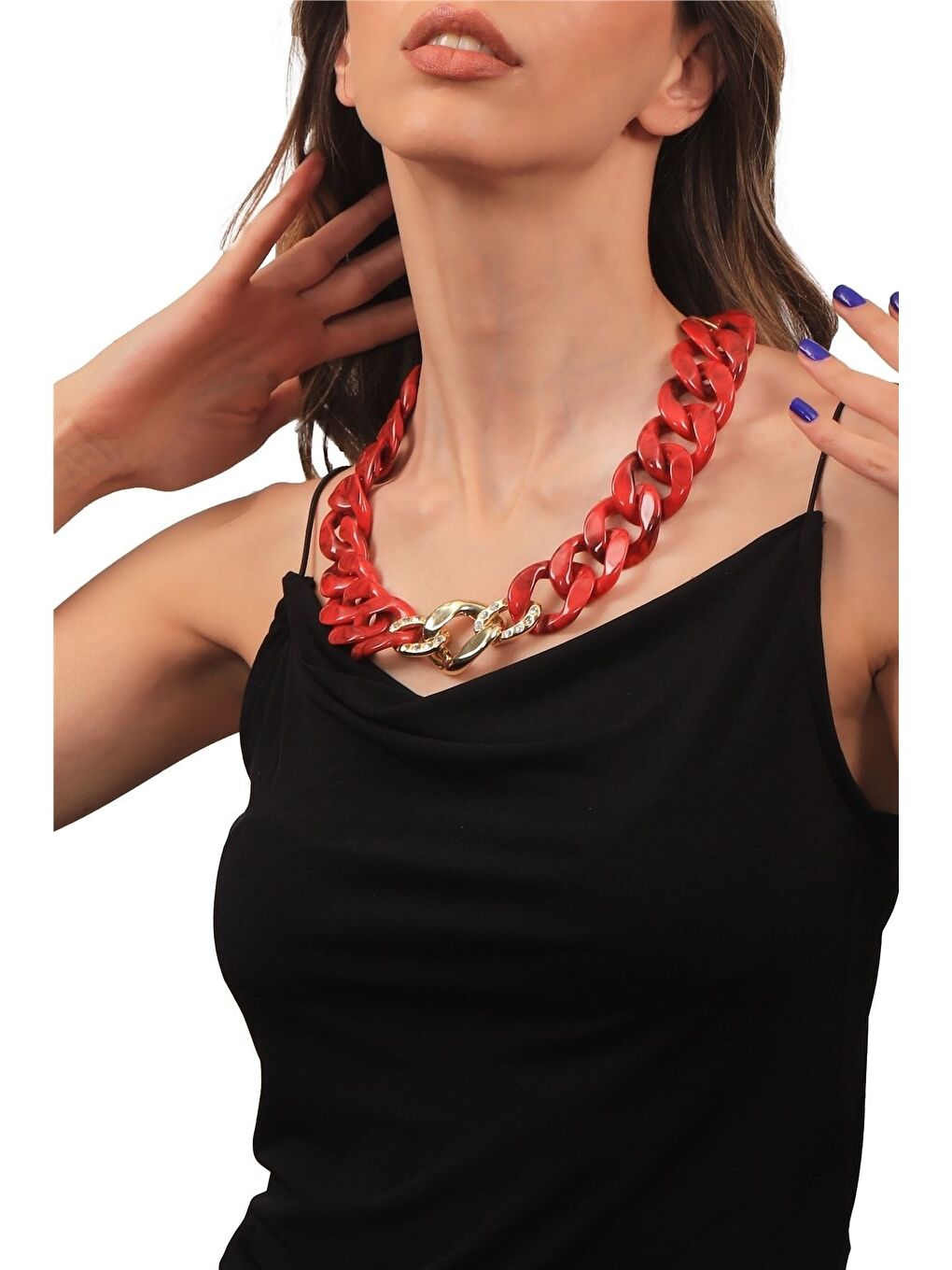 Kadın Kalın Zincir Formlu Kırmızı Reçine Kolye-1