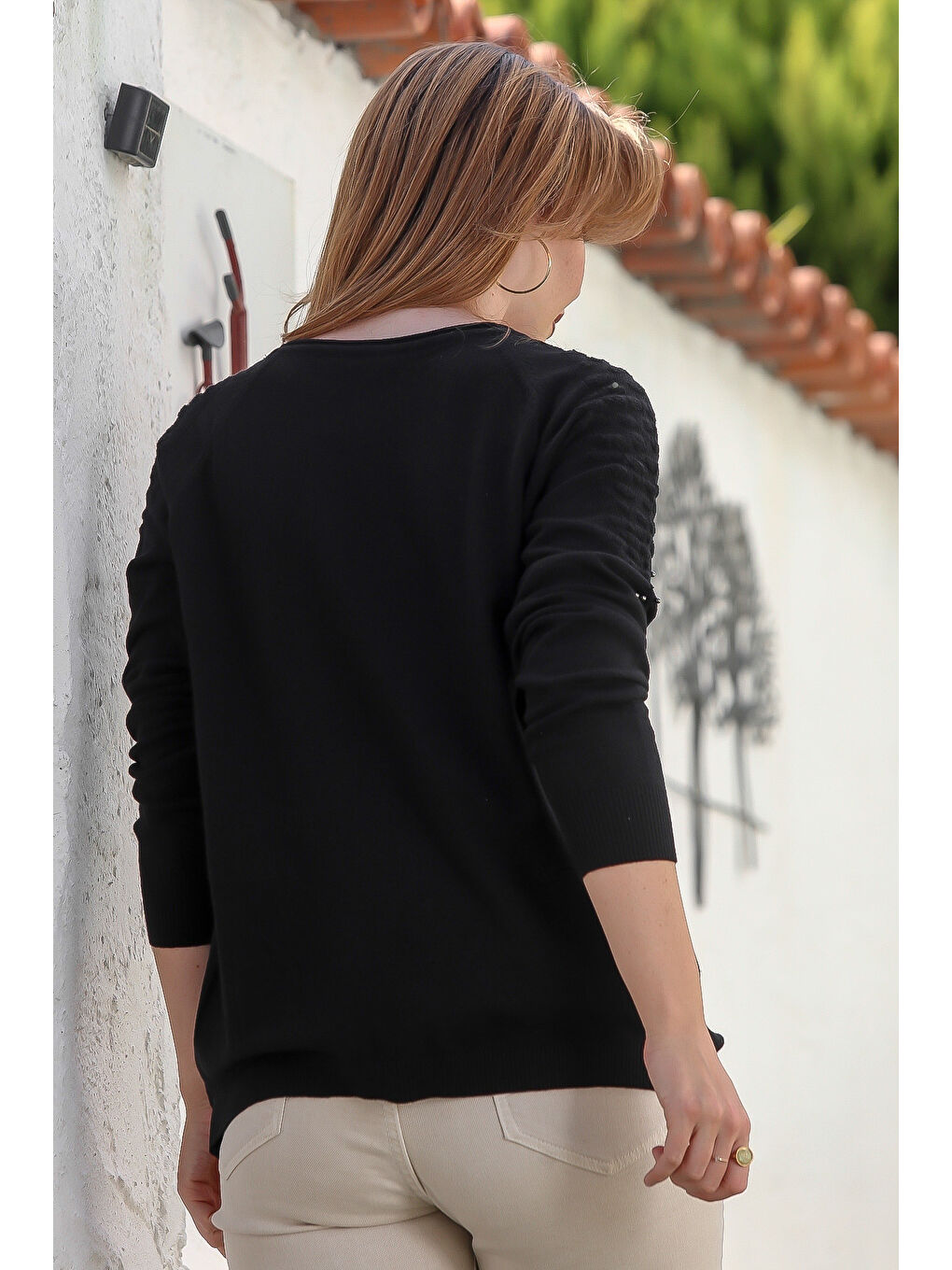 Siyah Havuz Yaka Uzun Kol Troklu Casual Ajur Örgü Triko Kazak 65 60-6