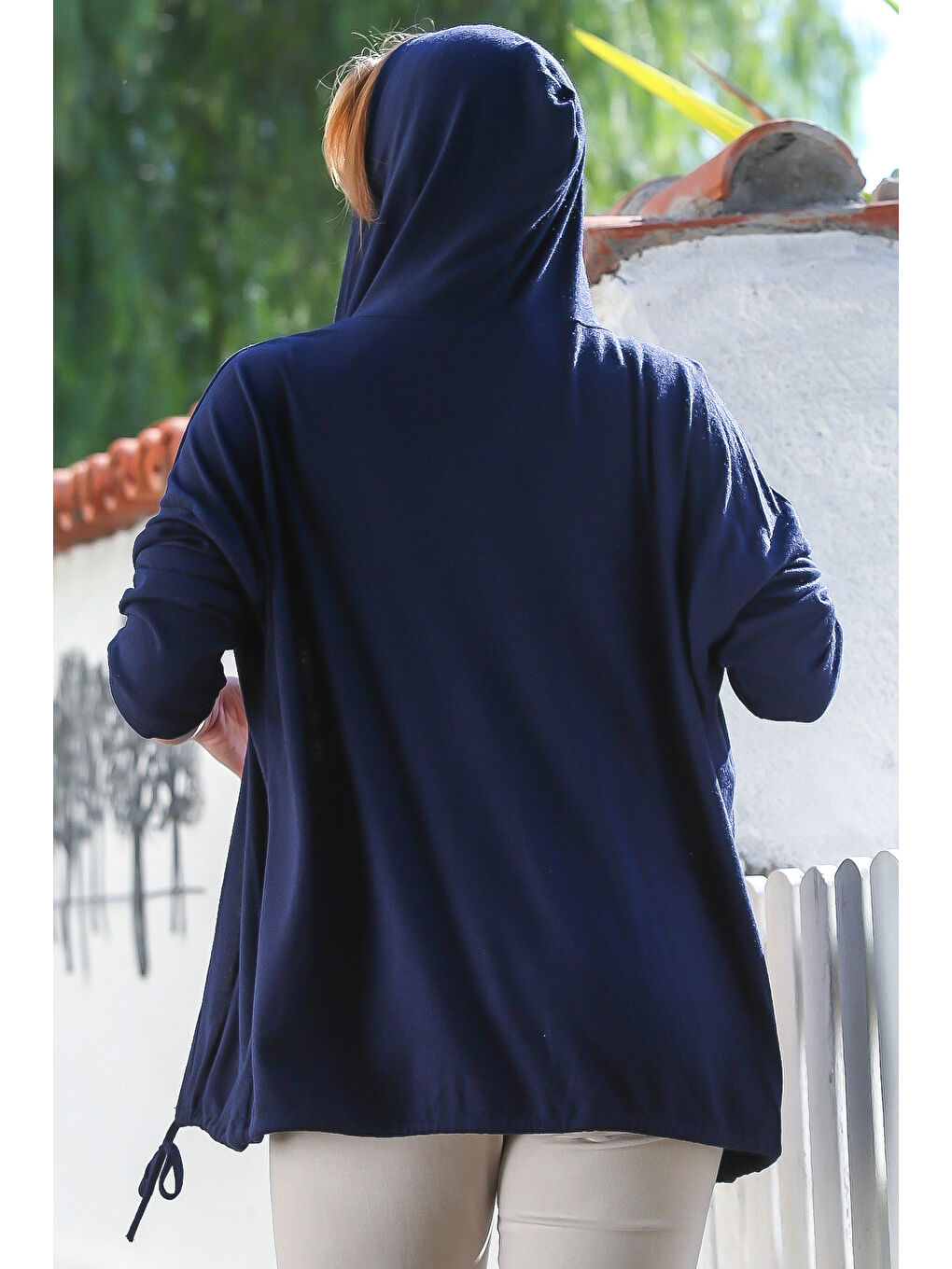İtalyan Lacivert Kapüşonlu Uzun Kol Kapamasız Etek Ucu Bağlamalı Casual Triko Hırka 67 72-6