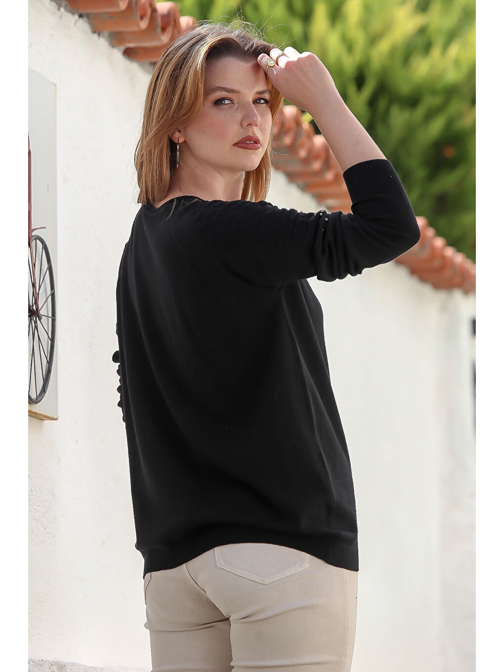 Siyah Havuz Yaka Uzun Kol Troklu Casual Ajur Örgü Triko Kazak 65 60-7