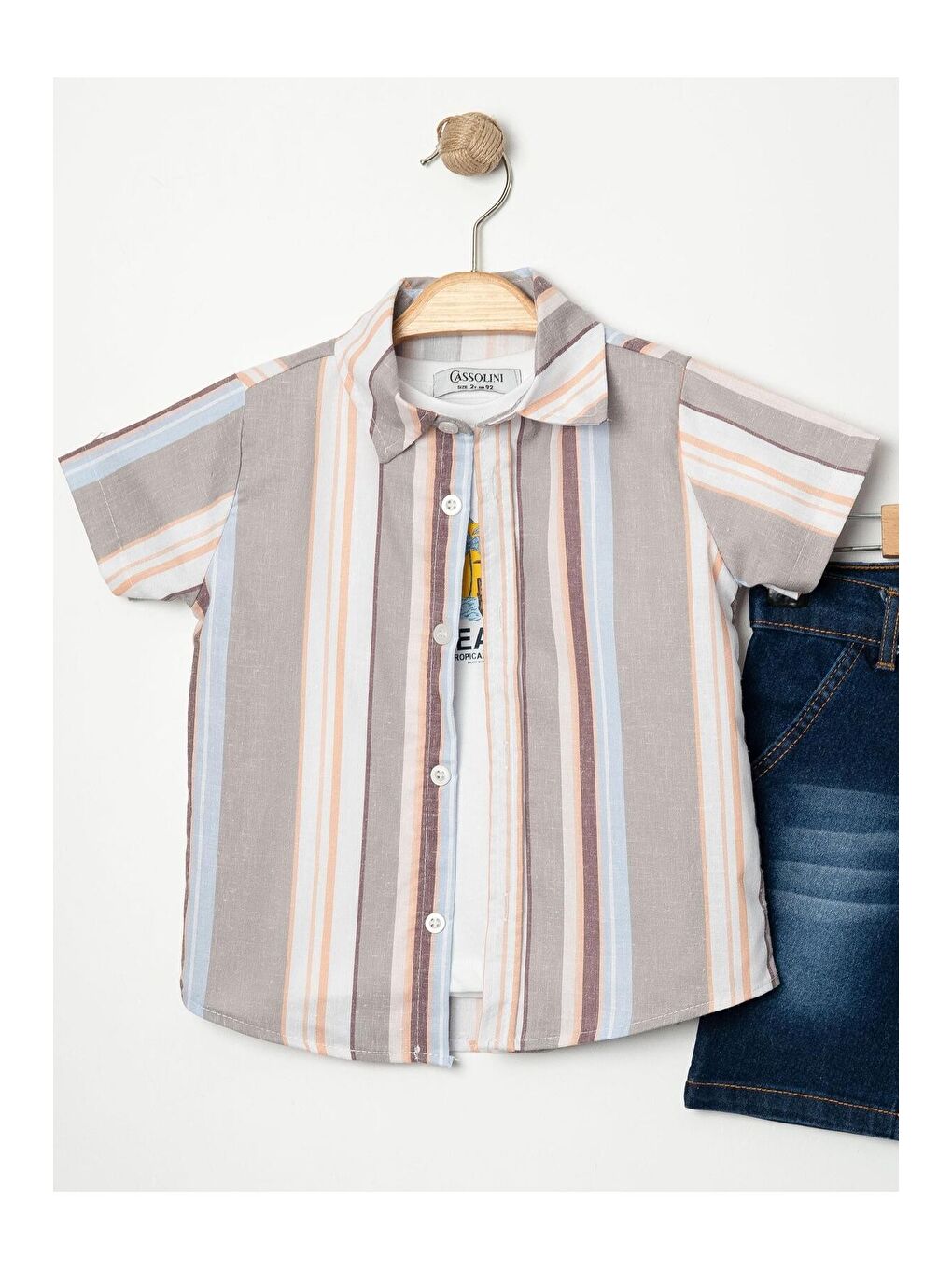 Kahverengi Tarz Gömlekli Çizgili Belden Ayarlanabilir Kısa Kollu Şortlu 3'lü Takım Çocuk ve Bebek Giyim Öz-4