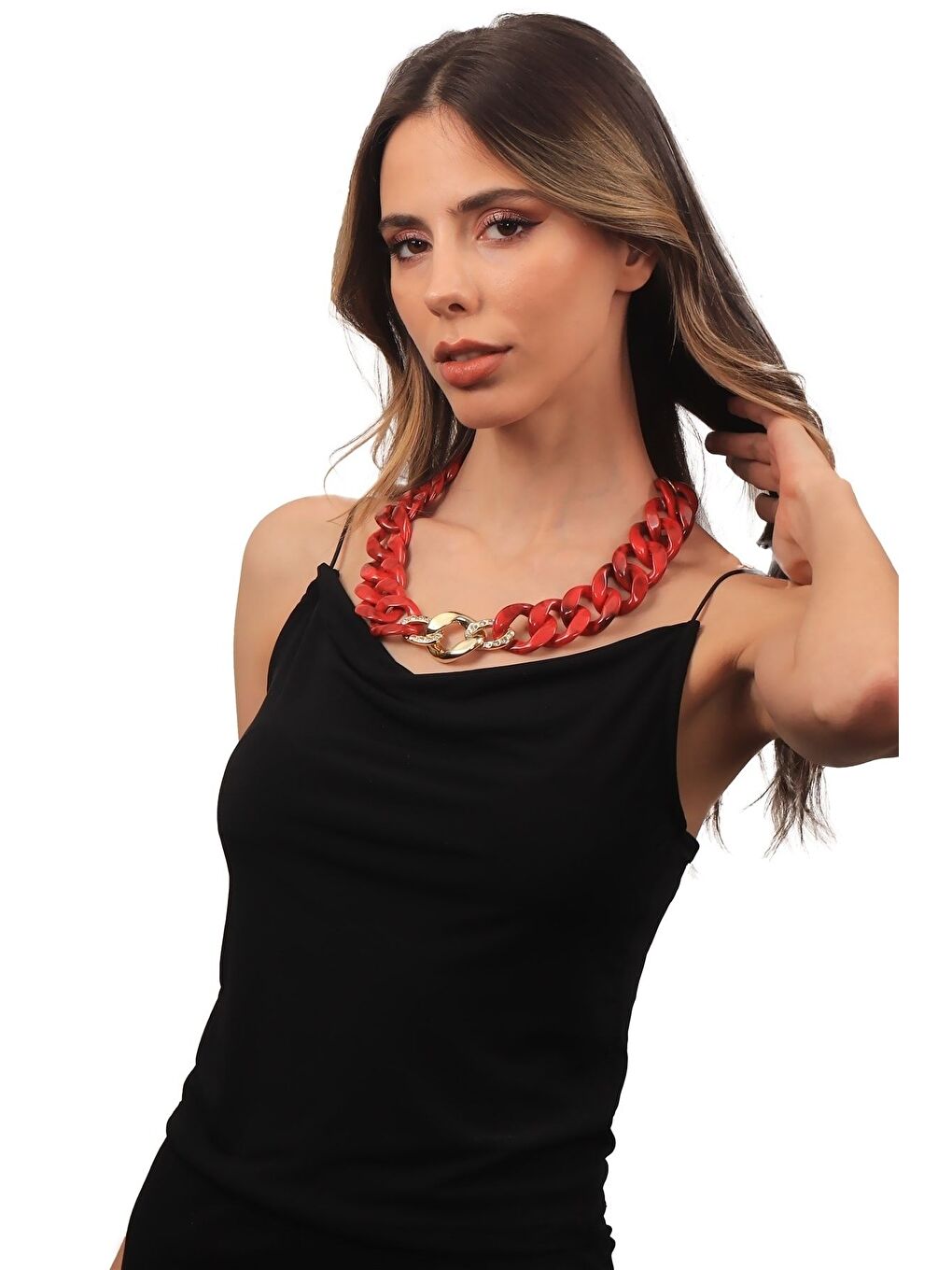 Kadın Kalın Zincir Formlu Kırmızı Reçine Kolye-3