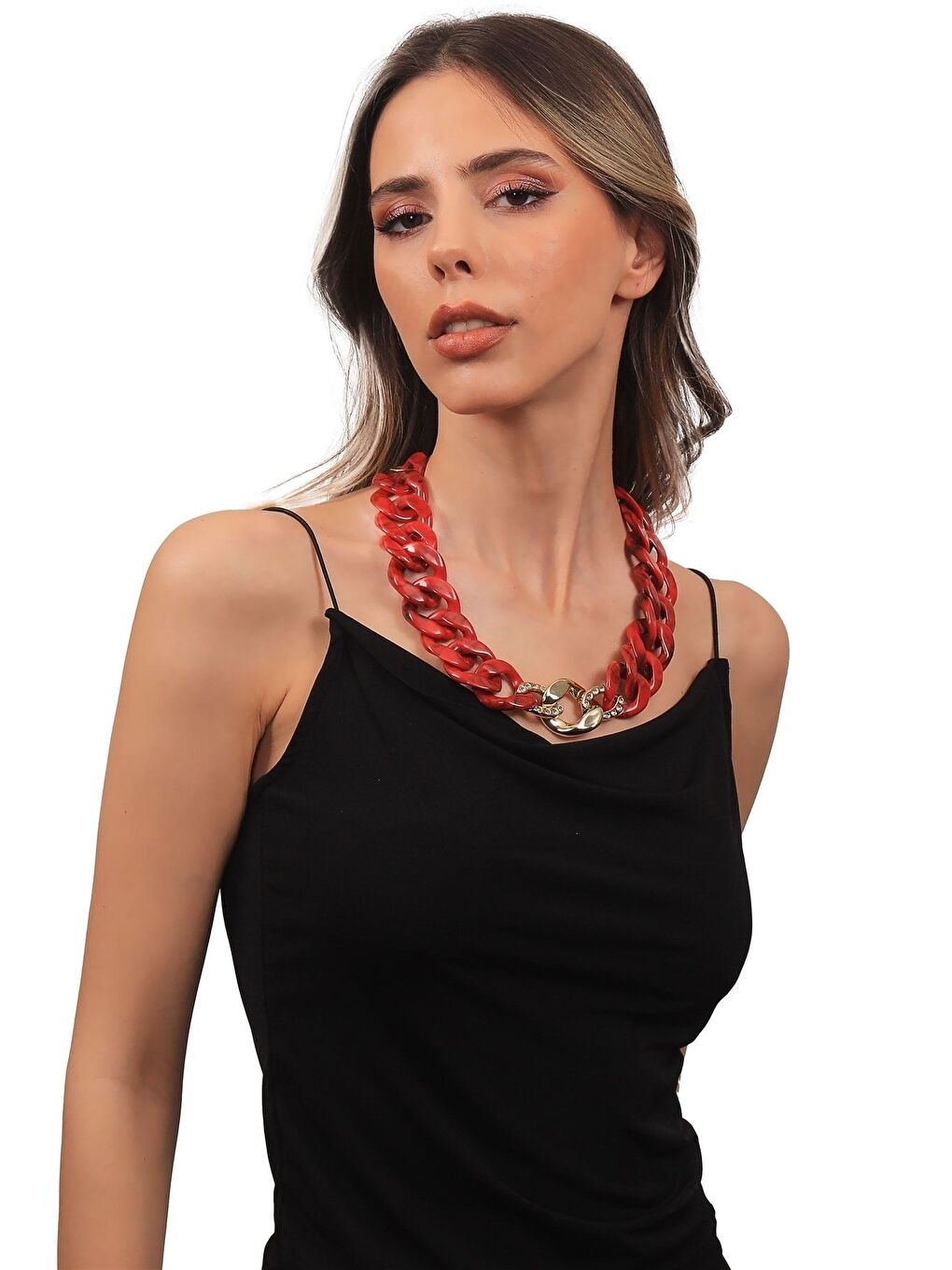 Kadın Kalın Zincir Formlu Kırmızı Reçine Kolye-4