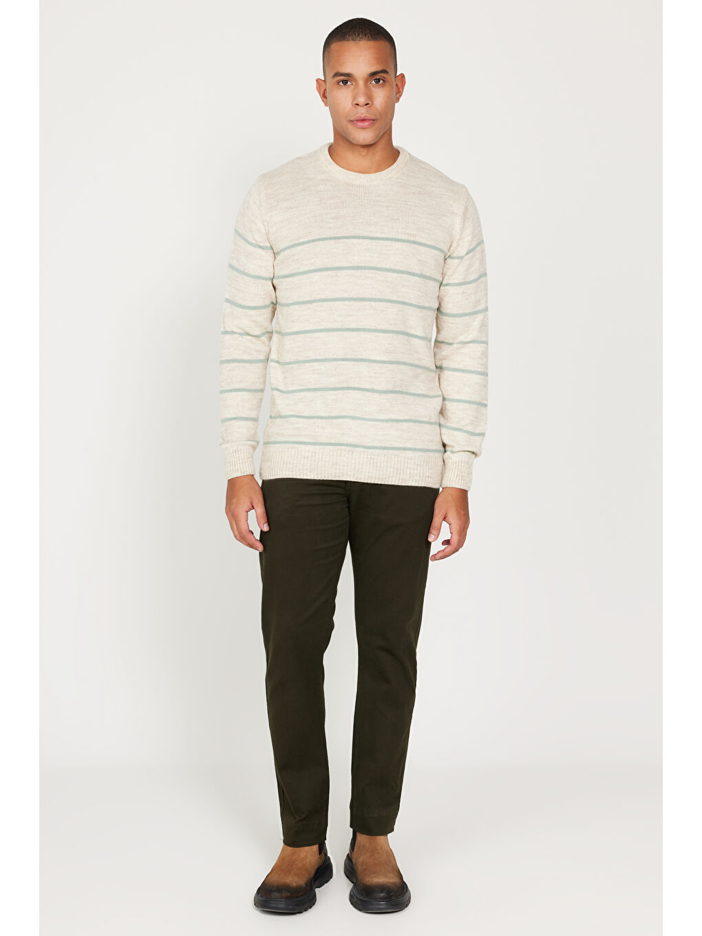 Bej Erkek BEJ-MINT Standart Fit Normal Kesim Bisiklet Yaka Çizgili Triko-1