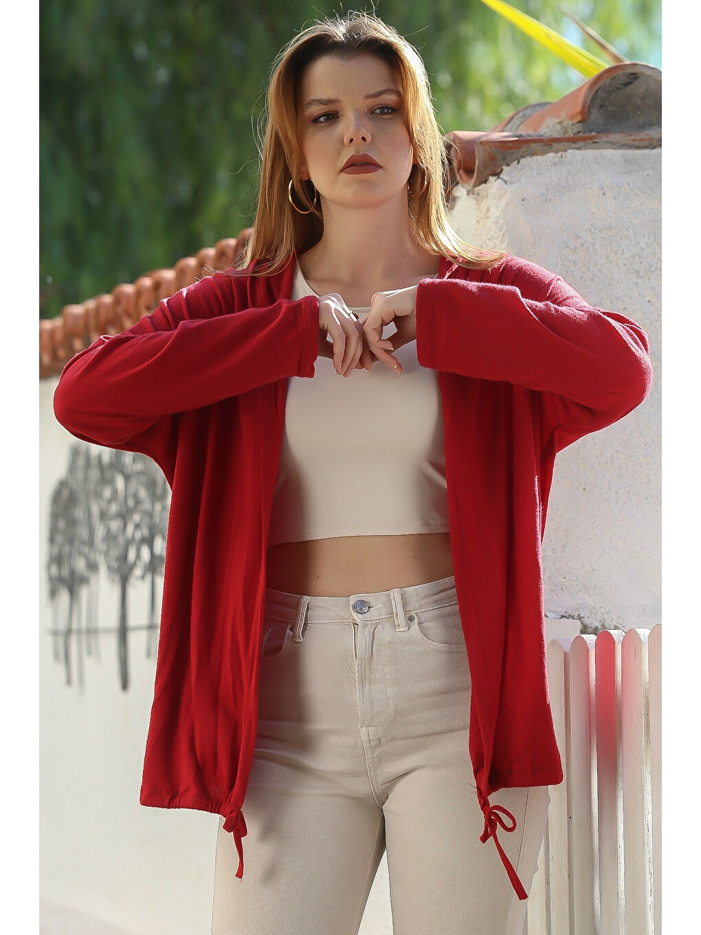 İtalyan Koyu Kırmızı Kapüşonlu Uzun Kol Kapamasız Etek Ucu Bağlamalı Casual Triko Hırka 67 72-2