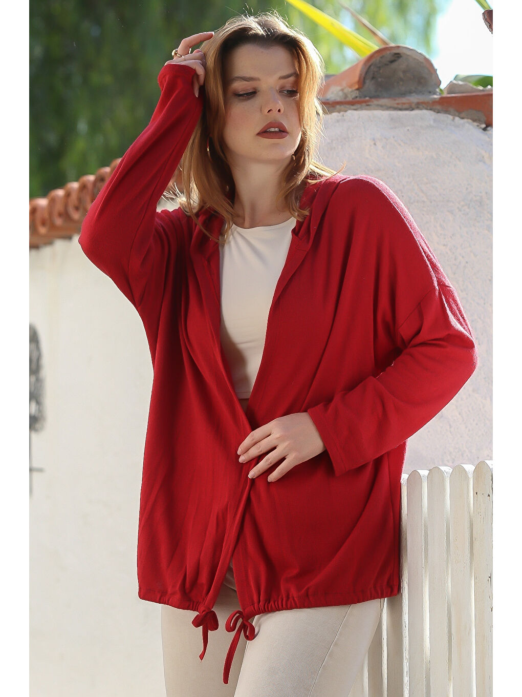 İtalyan Koyu Kırmızı Kapüşonlu Uzun Kol Kapamasız Etek Ucu Bağlamalı Casual Triko Hırka 67 72-3