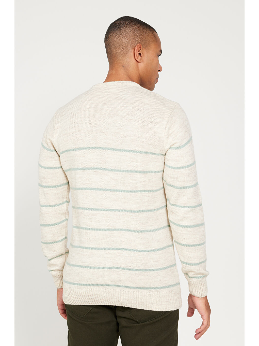 Bej Erkek BEJ-MINT Standart Fit Normal Kesim Bisiklet Yaka Çizgili Triko-4