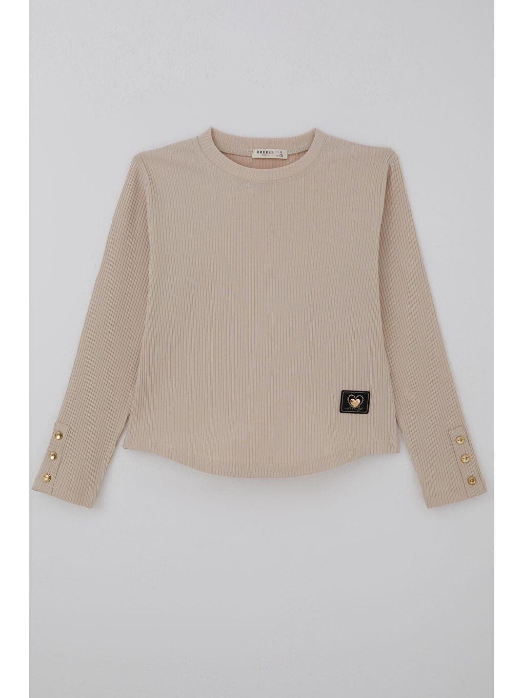 Kız Çocuk Uzun Kollu Tişört Kalp Armalı Kolları Düğme Aksesuar Detaylı Bej (9-14 Yaş)
