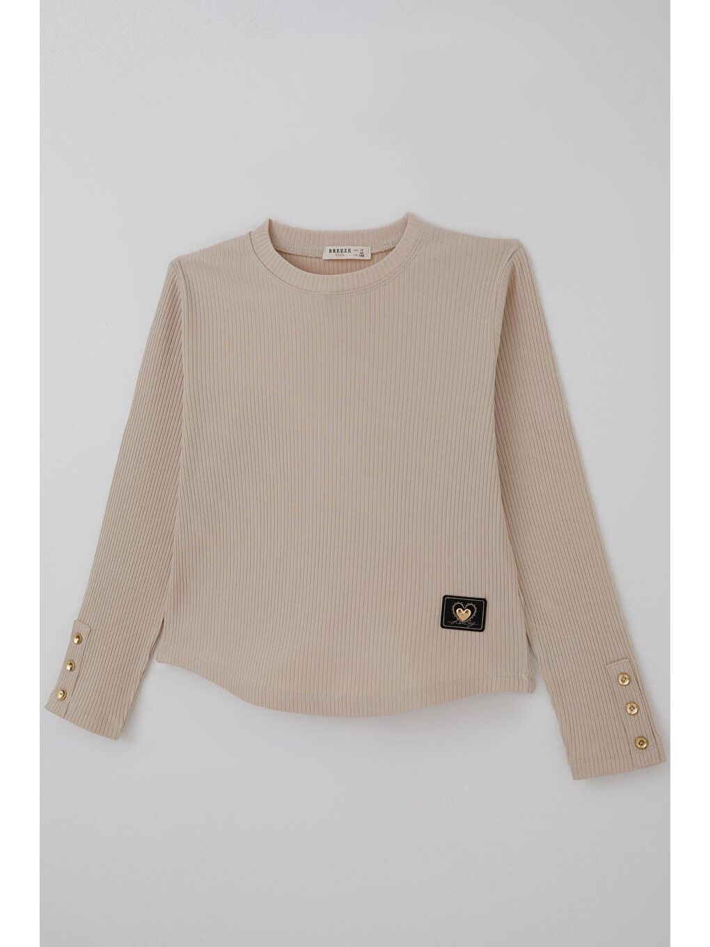 Kız Çocuk Uzun Kollu Tişört Kalp Armalı Kolları Düğme Aksesuar Detaylı Bej (9-14 Yaş)-2