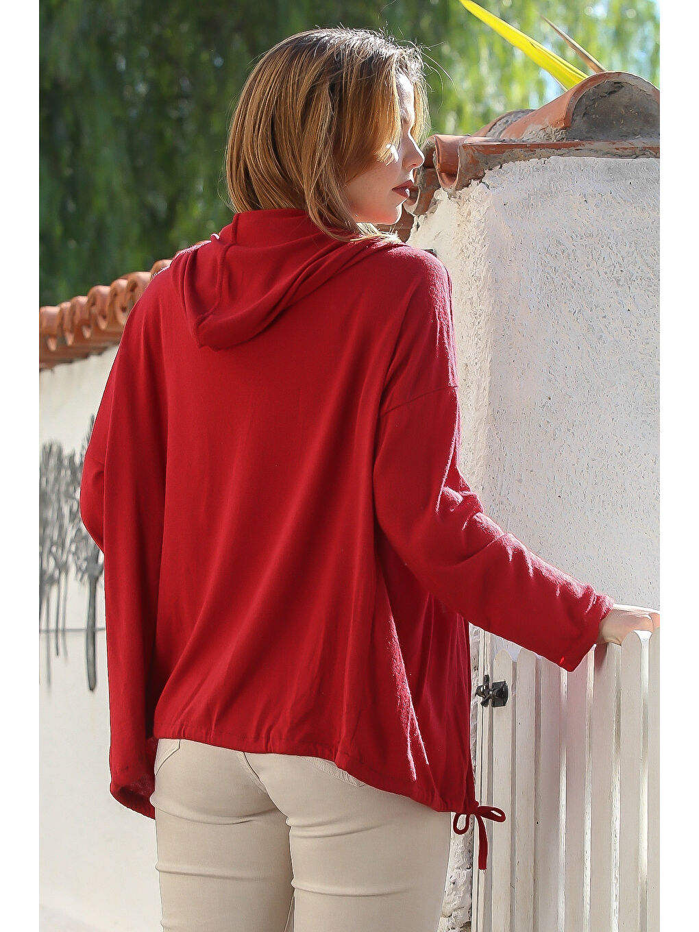 İtalyan Koyu Kırmızı Kapüşonlu Uzun Kol Kapamasız Etek Ucu Bağlamalı Casual Triko Hırka 67 72-6