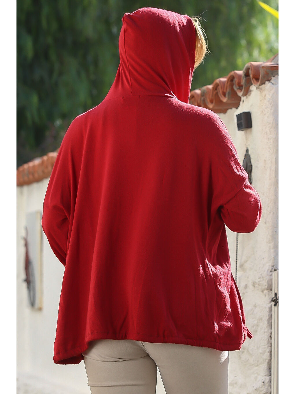 İtalyan Koyu Kırmızı Kapüşonlu Uzun Kol Kapamasız Etek Ucu Bağlamalı Casual Triko Hırka 67 72-7