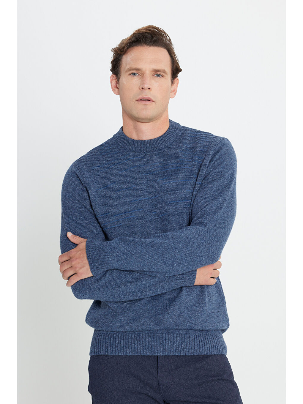 Erkek Havacı Mavi-Petrol Standart Fit Normal Kesim Yarım Balıkçı Yaka Triko %100 Pamuk Kazak-2