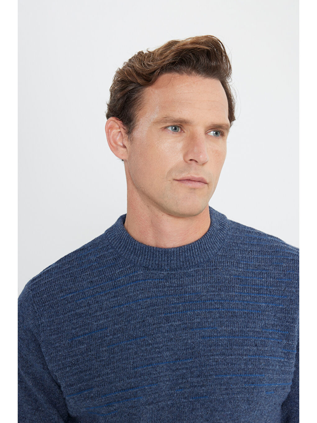 Erkek Havacı Mavi-Petrol Standart Fit Normal Kesim Yarım Balıkçı Yaka Triko %100 Pamuk Kazak-3