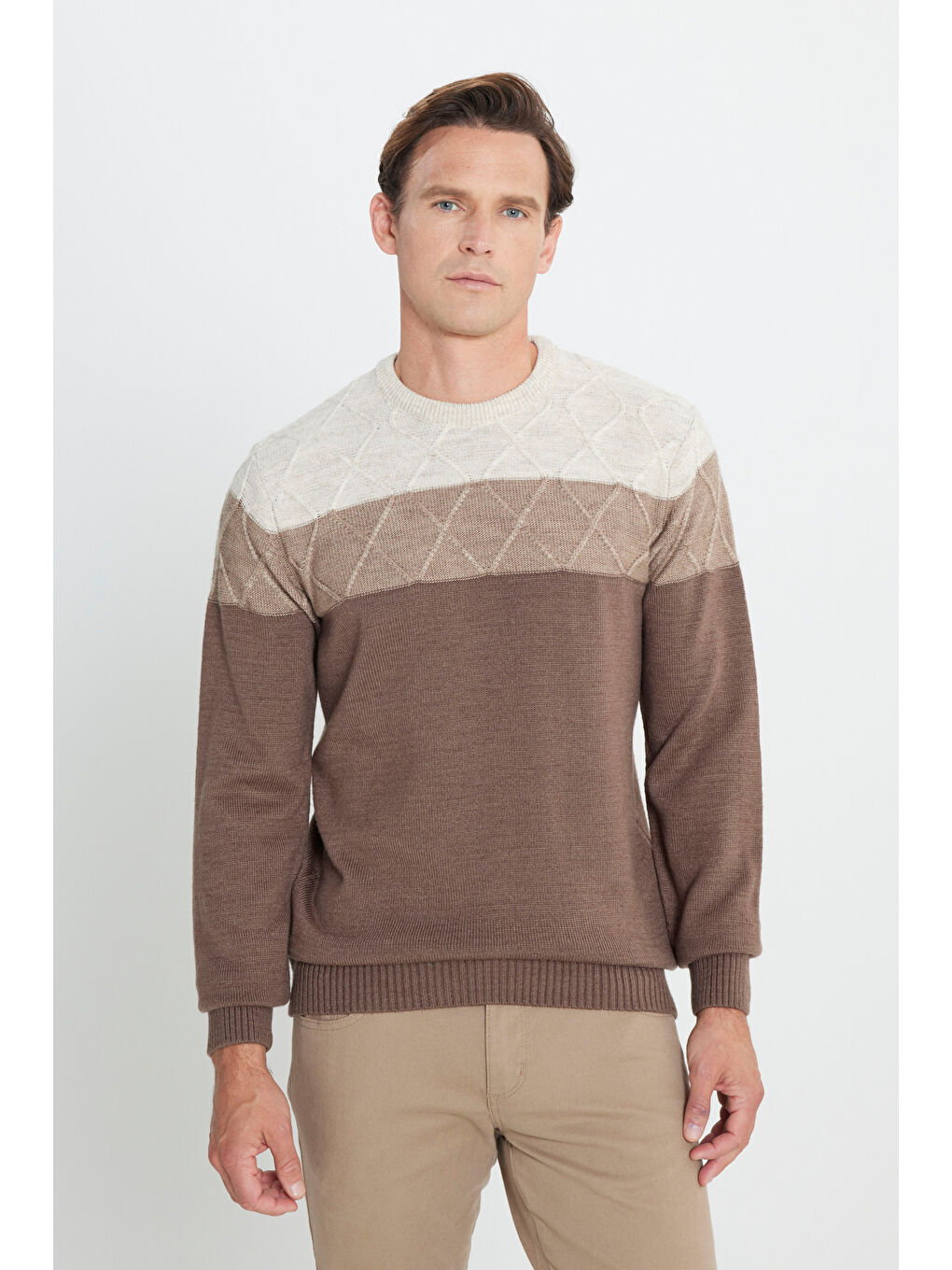 Erkek Bej-Kahve Standart Fit Normal Kesim Bisiklet Yaka Colorblock Desenli Triko Kazak-2