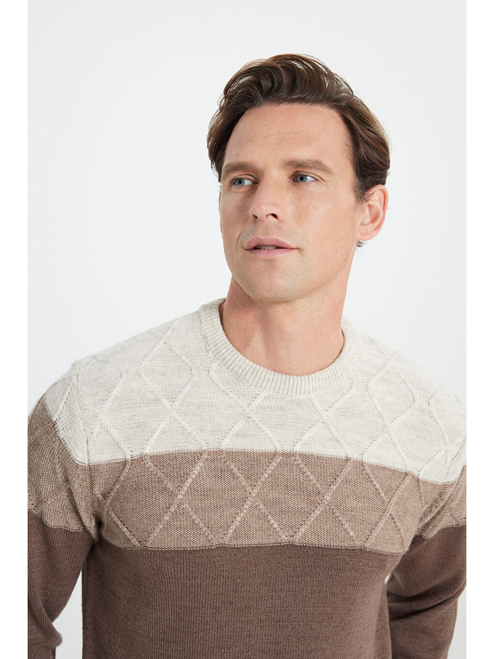 Erkek Bej-Kahve Standart Fit Normal Kesim Bisiklet Yaka Colorblock Desenli Triko Kazak-3