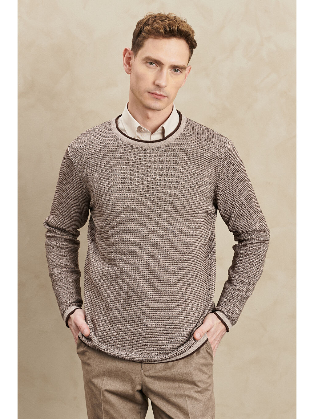 Erkek Bej-Kahve Recycle Standart Fit Normal Kesim Bisiklet Yaka Triko