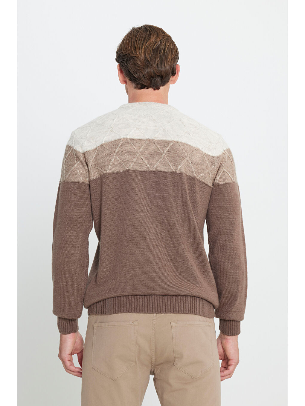 Erkek Bej-Kahve Standart Fit Normal Kesim Bisiklet Yaka Colorblock Desenli Triko Kazak-4