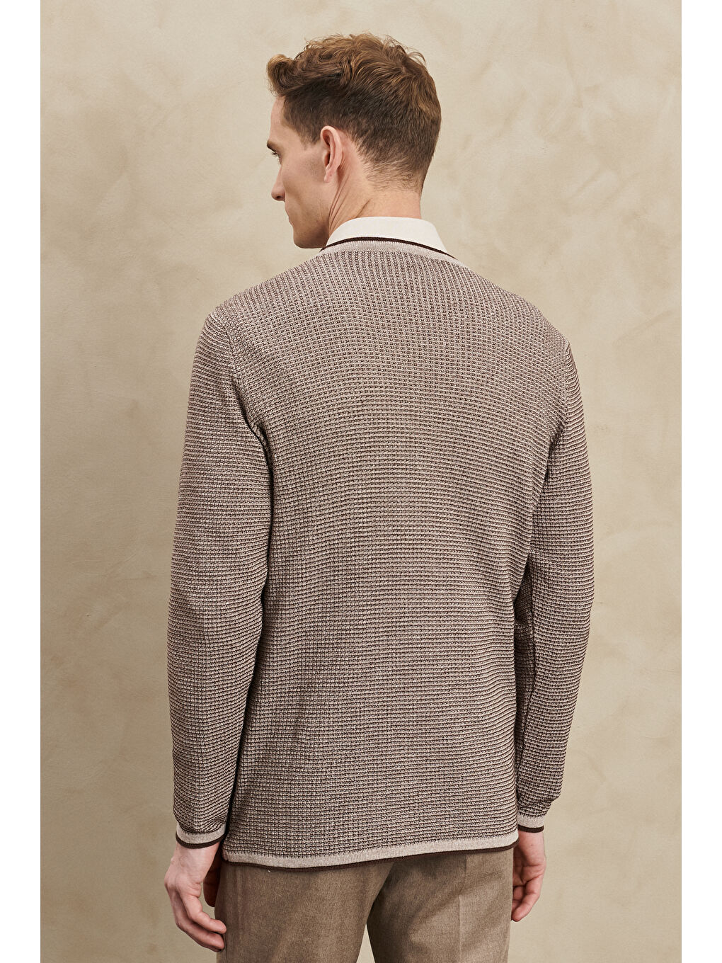 Erkek Bej-Kahve Recycle Standart Fit Normal Kesim Bisiklet Yaka Triko-3